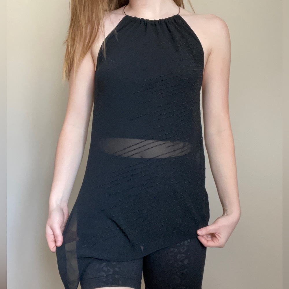 Black halter neck tank with sheer and beaded detail